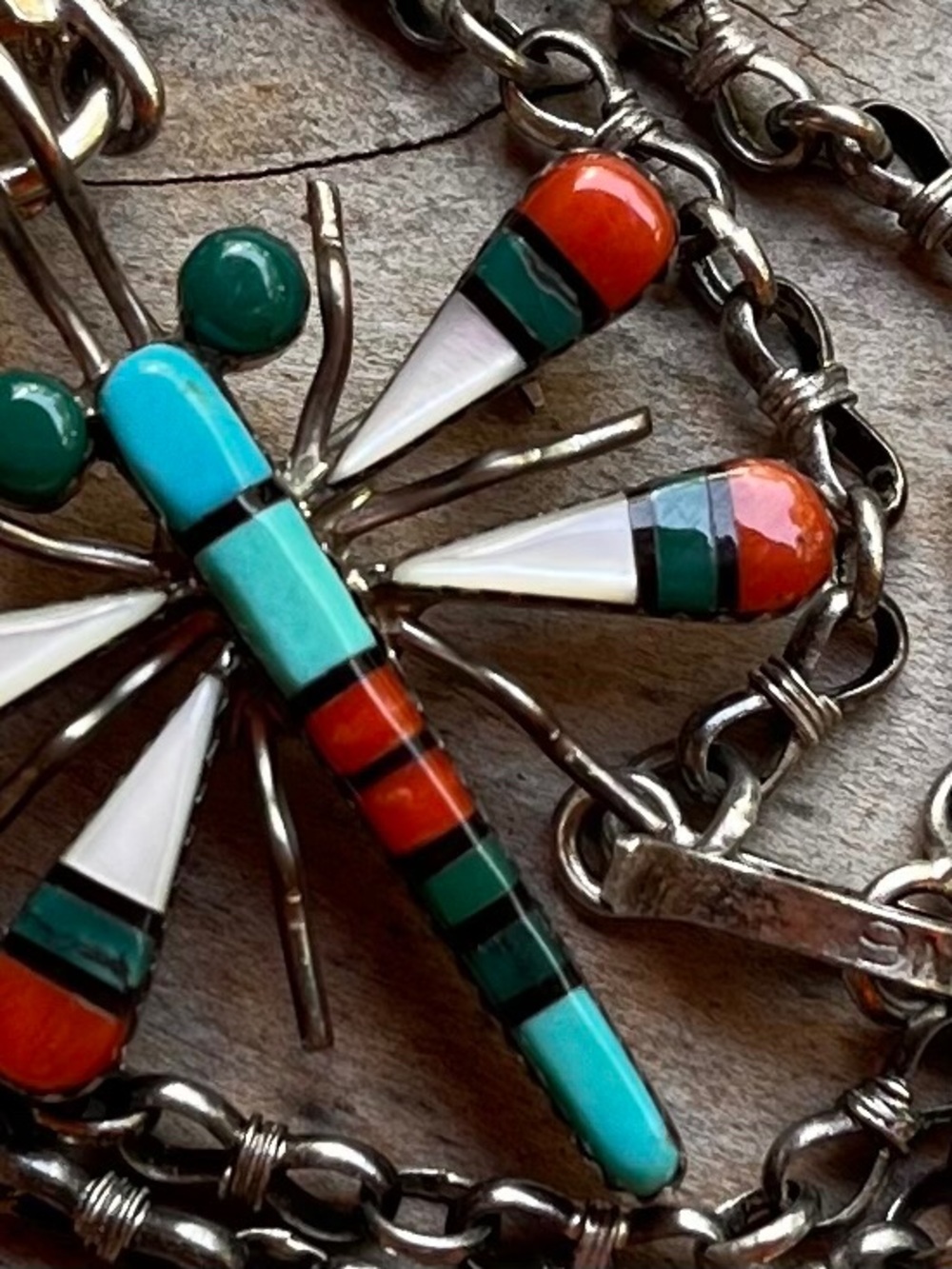 Zuni Sterling Silver Dragonfly Pendant Necklace with Turquoise & Coral Inlay